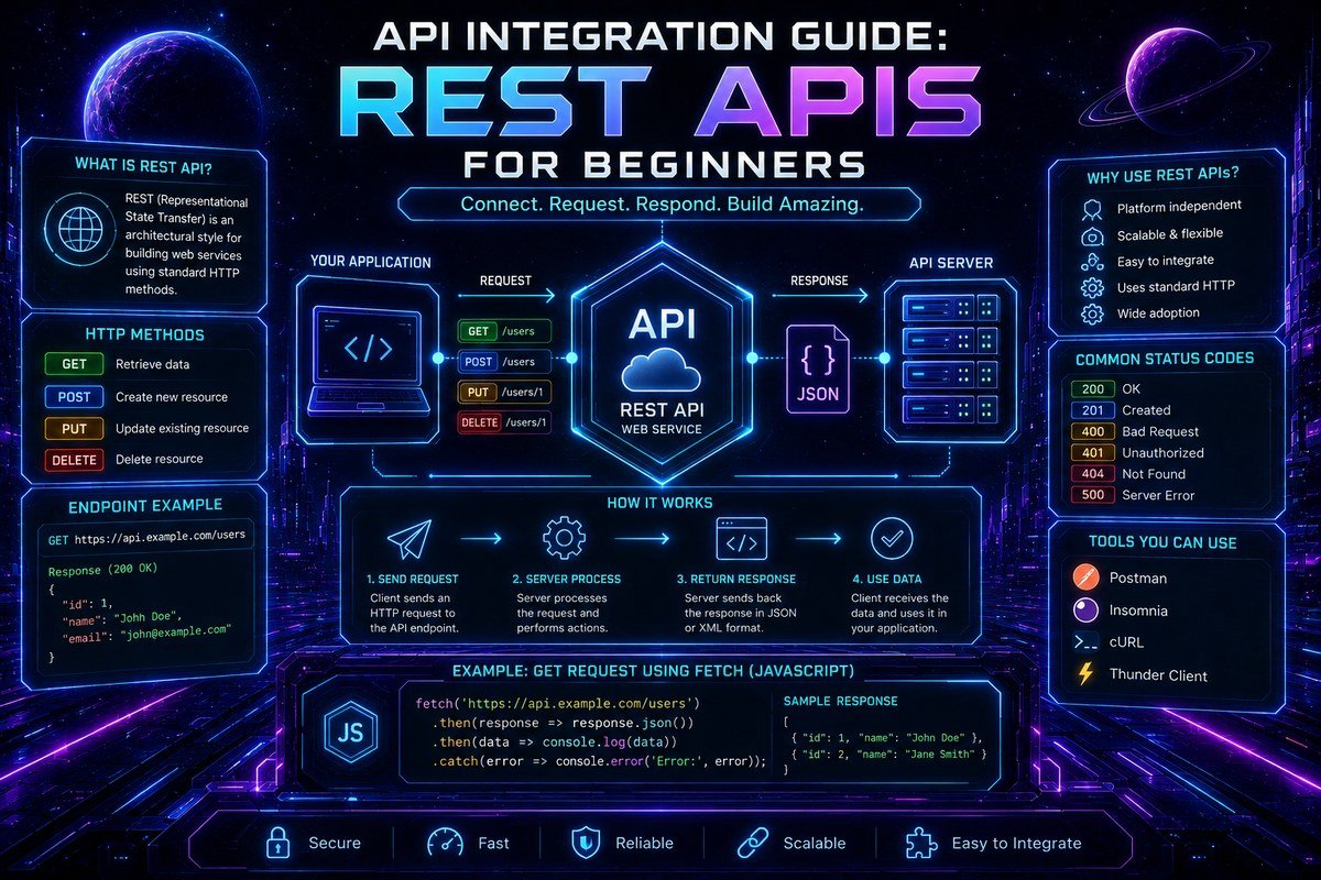 REST API integration guide infographic showing HTTP methods, request/response flow, and status codes