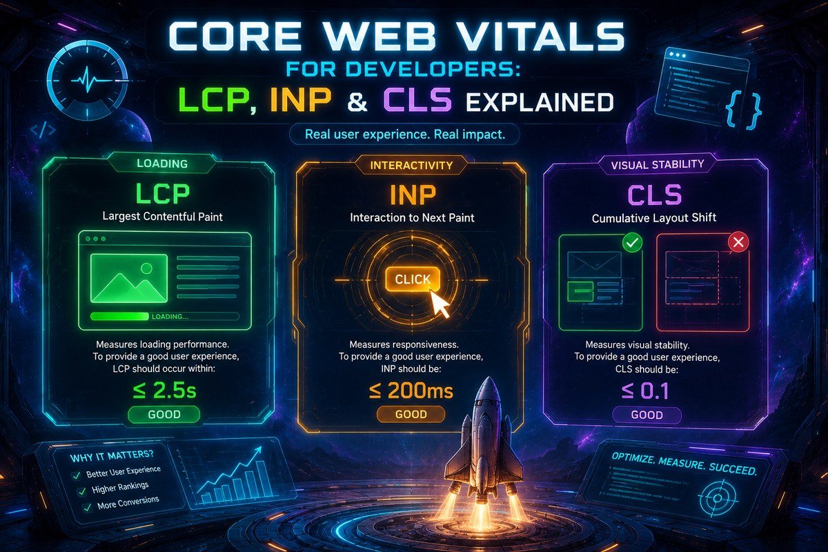 Core Web Vitals infographic showing LCP, INP, and CLS metrics