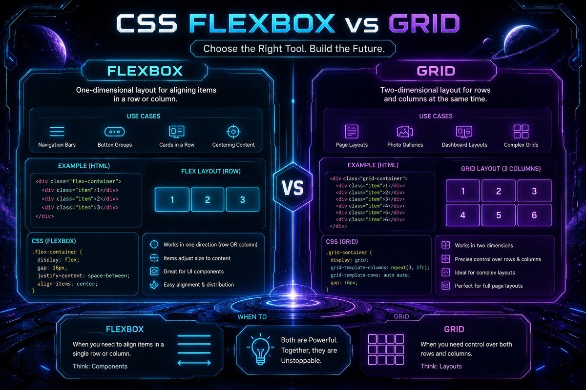 CSS Flexbox vs Grid comparison infographic showing use cases, code examples, and layout differences