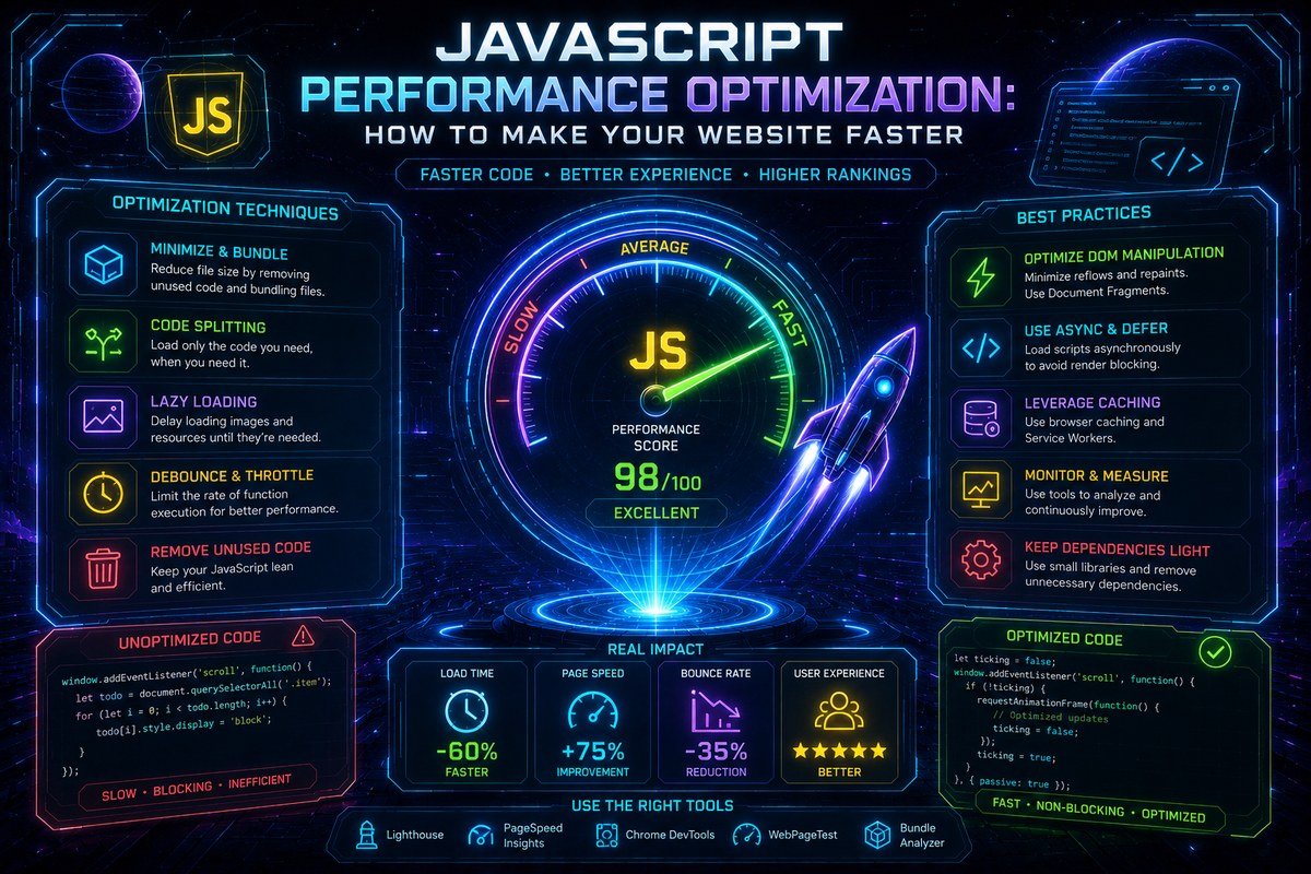 JavaScript performance optimization infographic showing techniques, best practices, and real impact metrics