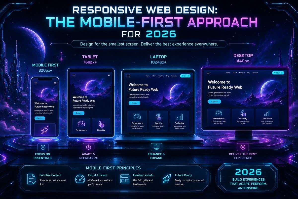 Responsive web design infographic showing mobile, tablet, laptop, and desktop breakpoints