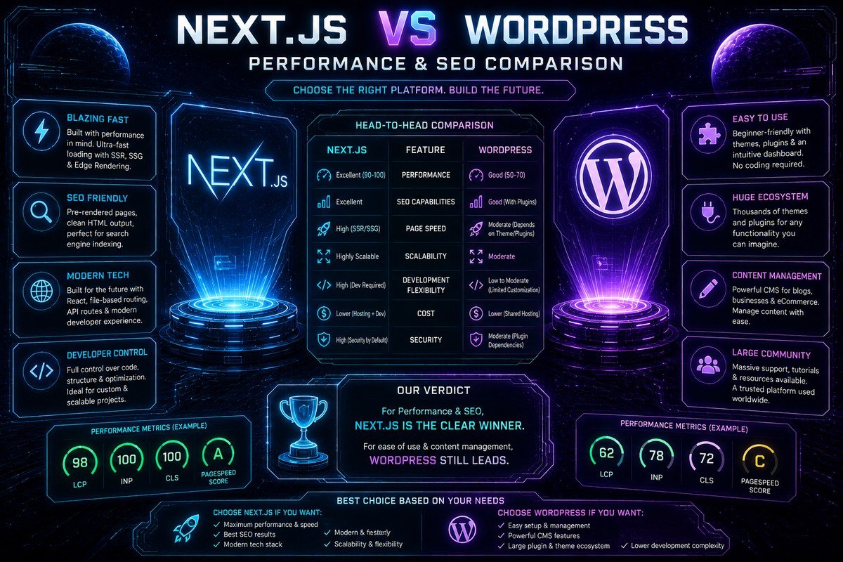 Next.js vs WordPress performance and SEO comparison infographic with head-to-head metrics