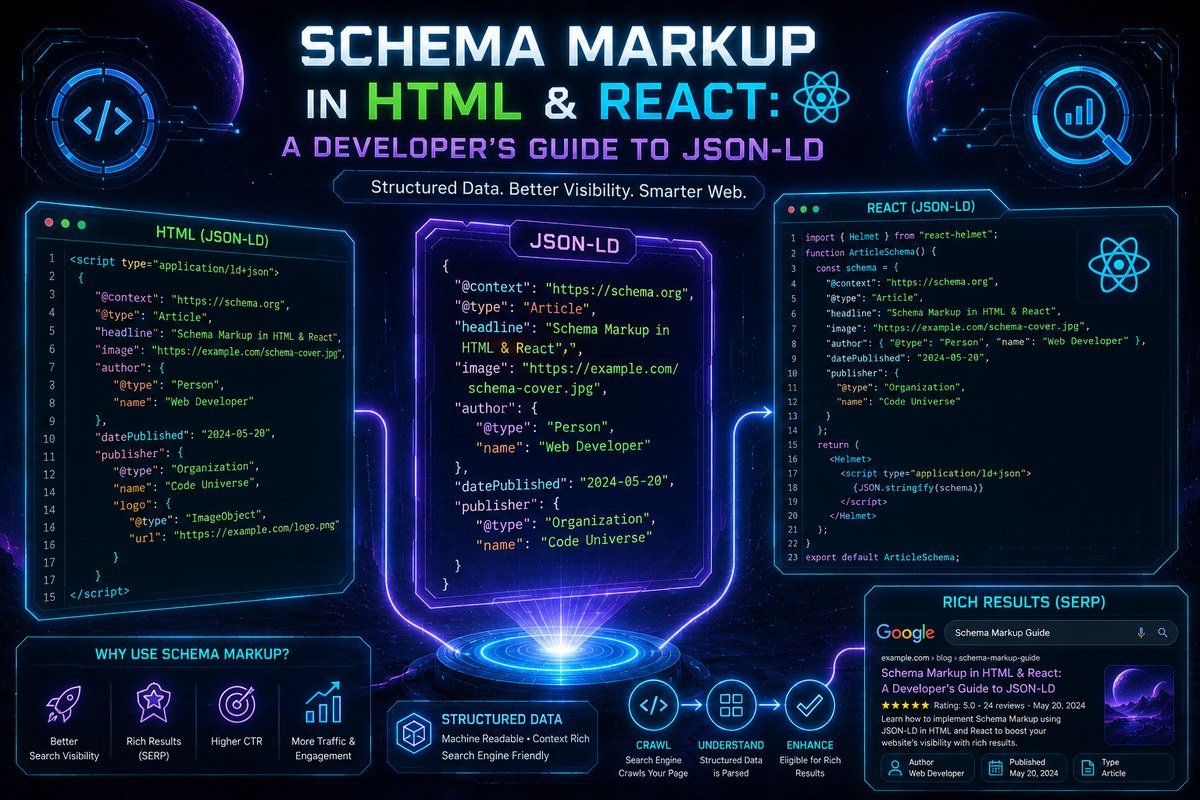 Schema Markup in HTML and React infographic showing JSON-LD code examples and rich results