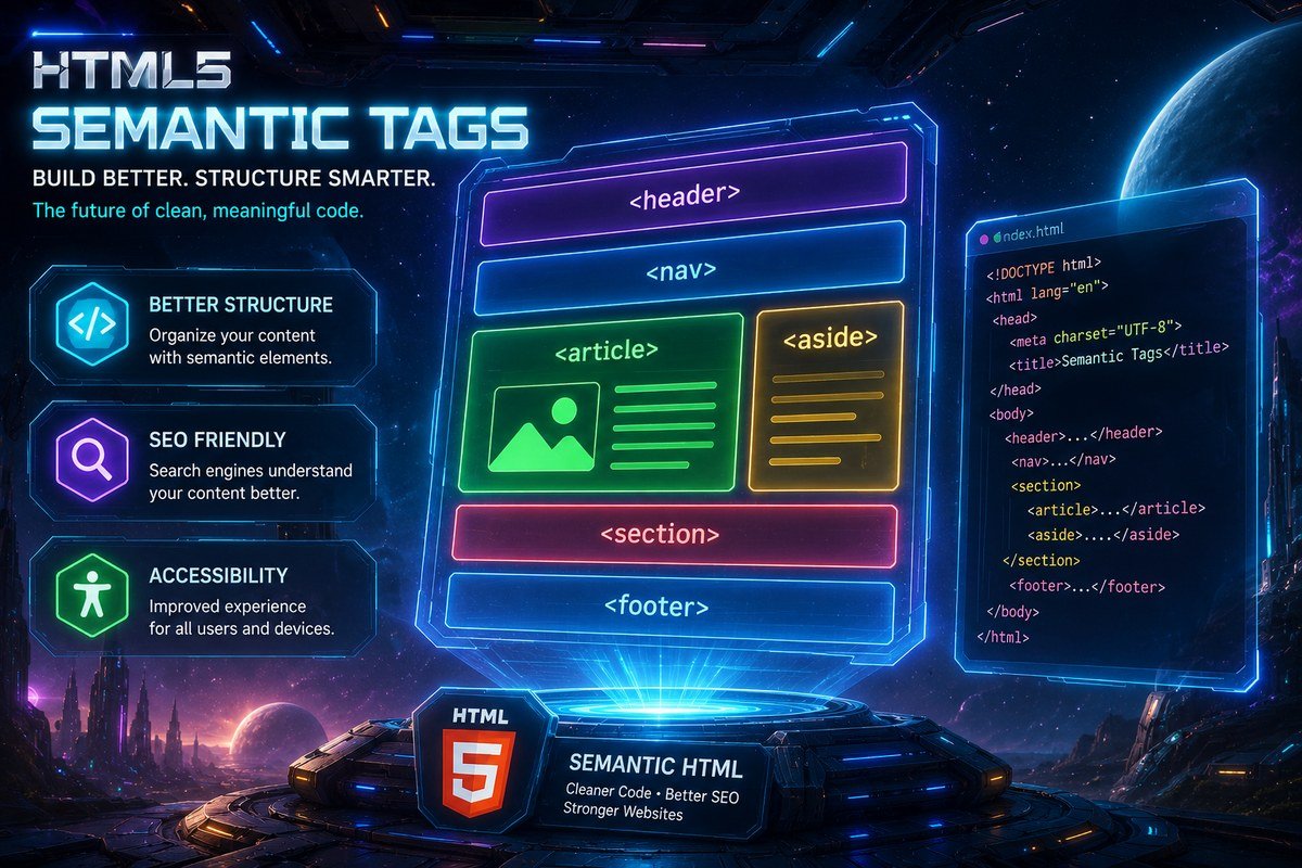 HTML5 semantic tags infographic showing header, nav, article, aside, section, and footer elements
