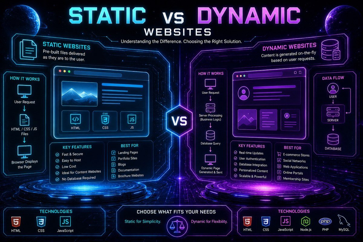 Static vs dynamic websites comparison infographic showing how each works, key features, and best use cases