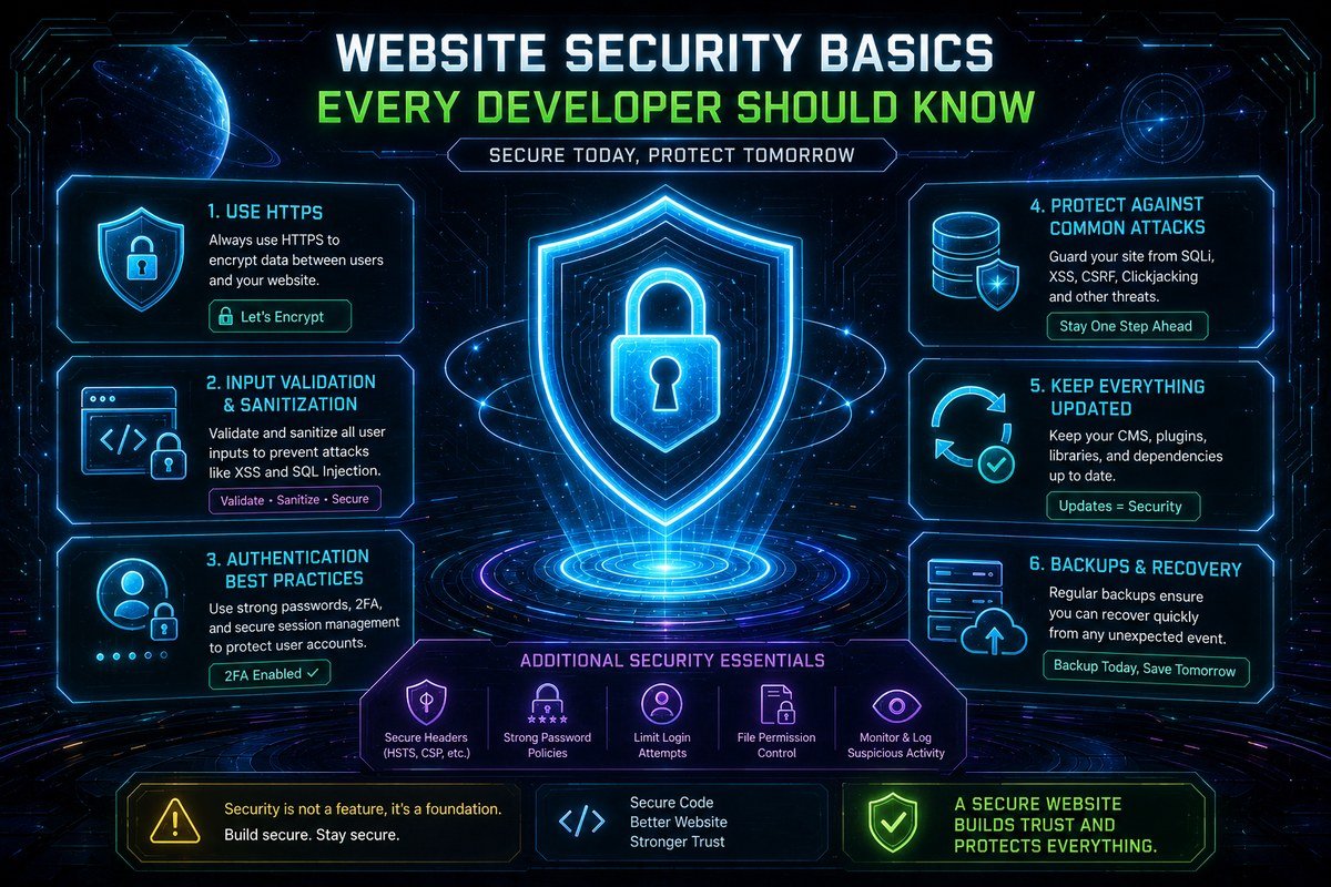 Website security basics infographic covering HTTPS, input validation, authentication, and backups